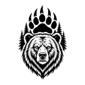 Puede incluir: Una ilustración gráfica en blanco y negro que presenta la cabeza detallada de un oso mirando hacia adelante. Sobre la cabeza del oso hay una silueta de una gran huella de pata. Detrás del oso, a ambos lados, hay siluetas de pinos.