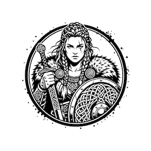 Peut inclure: Une illustration graphique circulaire en noir et blanc représentant un guerrier aux cheveux tressés, vêtu d'un vêtement bordé de fourrure et d'une armure. Le personnage tient une épée et se tient derrière un bouclier rond orné de motifs entrelacés.