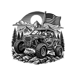 May include: A black and white line art illustration of an off-road UTV vehicle driving over rocky terrain. A driver wearing a helmet is inside the vehicle, which features a mounted American flag. The background shows mountains, pine trees, and a sun.