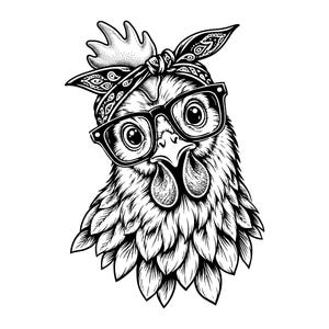 May include: A black and white line art illustration of a chicken head. The chicken is wearing thick-rimmed black glasses and a patterned bandana tied around its head. The drawing features detailed feather textures and bold ink lines throughout.