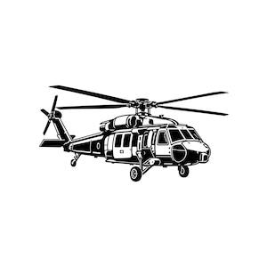 May include: A black and white graphic illustration of a military-style helicopter. The aircraft features a main rotor system, a tail rotor, a cockpit with windows, and landing gear wheels. The design is rendered in high-contrast solid black.