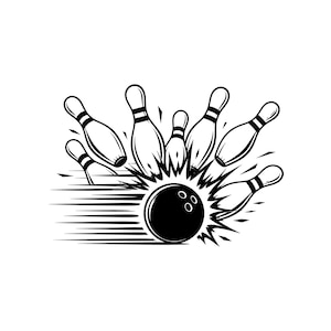 Puede incluir: Una ilustración gráfica en blanco y negro de una bola de bolos golpeando un grupo de bolos. La bola se representa con líneas de movimiento para mostrar velocidad, y los bolos se muestran dispersos en varias direcciones tras el impacto.