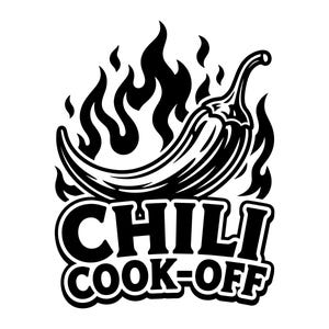 May include: A black and white graphic illustration featuring a stylized chili pepper positioned above flames. Below the chili pepper, the text reads CHILI COOK-OFF in bold, uppercase letters with a thick outline, creating a high-contrast design.