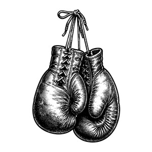 May include: A black and white ink illustration of a pair of boxing gloves hanging by their laces. The gloves feature detailed cross-lacing, textured surfaces, and visible stitching, rendered in a high-contrast, sketch-like artistic style.