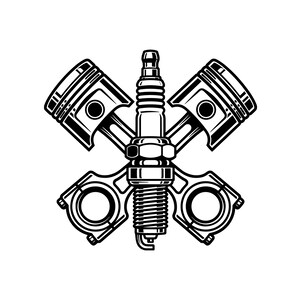 Può includere: Un'illustrazione grafica in bianco e nero con una candela centrale posizionata verticalmente, affiancata da due pistoni del motore incrociati con bielle. Il design utilizza linee audaci e un contrasto elevato per raffigurare i componenti.