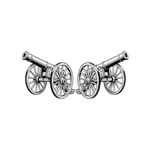 Può includere: Un'illustrazione grafica in bianco e nero che presenta due cannoni identici posizionati fianco a fianco. Ogni cannone è montato su un affusto con grandi ruote a raggi, mostrando dettagliate texture metalliche e un design a canna cilindrica.