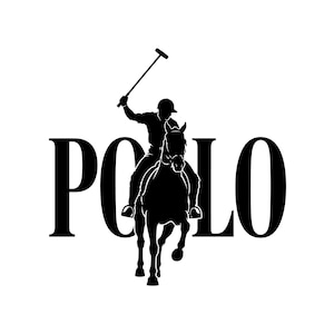 Könnte beinhalten: Ein schwarzes Grafikdesign mit dem Wort POLO in großen Großbuchstaben. Eine Silhouette einer Person auf einem Pferd, die einen Schläger hält, ist in der Mitte platziert und überlagert teilweise den Buchstaben O im Wort POLO.