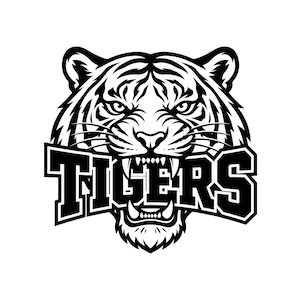 Op de afbeelding: Een zwart-witte grafische illustratie van een tijgerkop met ontblote tanden en intense ogen. Het woord TIGERS is geschreven in een vet, blokkerig, zwart lettertype over het onderste gedeelte van het gezicht van de tijger, wat een ontwerp vormt.