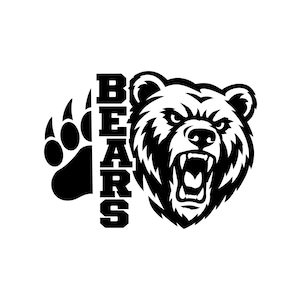 Pode incluir: Um design gráfico a preto e branco com a cabeça de um urso a rosnar com a boca aberta, posicionado ao lado de uma pegada de urso. A palavra BEARS está impressa verticalmente numa fonte de bloco a negrito entre a pegada e a cabeça.