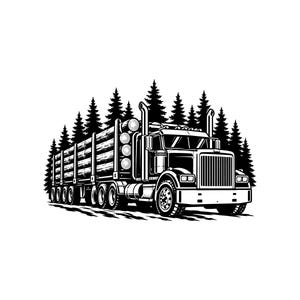 Op de afbeelding: Een zwart-witte grafische illustratie van een vrachtwagen die een oplegger trekt met een lading gestapelde boomstammen. Het voertuig staat voor een dicht dennenbos, weergegeven in een contrastrijke, gedetailleerde lijntekeningstijl.