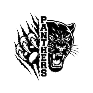 May include: A black and white graphic illustration featuring a snarling panther head on the right side and a large clawed paw mark on the left. The word PANTHERS is written vertically in bold, block capital letters between the paw and the head.