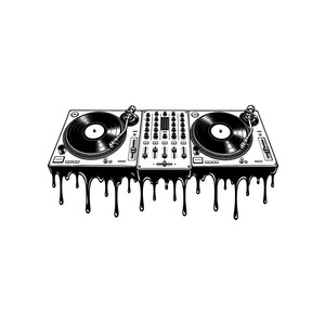 以下が含まれることがあります： 2台のターンテーブルに挟まれたDJミキサーコンソールの白黒グラフィックイラスト。ユニット全体に、機器のベースの下端から黒い液体が滴り落ちているように見える様式化されたエフェクトが施されています。