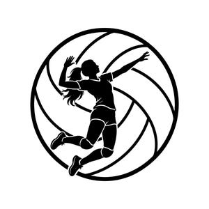 Peut inclure: Une illustration graphique en noir et blanc représentant la silhouette d'un joueur de volley-ball en plein saut, capturé dans un mouvement de smash dynamique. L'athlète est placé au centre sur le fond d'un grand ballon de volley circulaire.