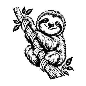 Puede incluir: Una ilustración gráfica en blanco y negro de un perezoso aferrado a una rama de árbol. El perezoso tiene una textura de pelaje detallada, ojos grandes y una pequeña sonrisa. La rama está colocada en diagonal con algunas hojas simples.