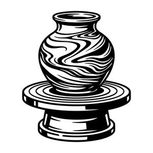 May include: A black and white graphic illustration of a ceramic vase resting on a pottery wheel. The vase features a swirling, marbled pattern across its rounded body and a flared rim, while the wheel base has a flat, circular platform.