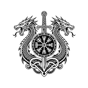 Ilustracja wektorowa hełmu wikingów z motywem grozy, SVG, PNG, JPG, hełm grozy, clipart smoka, sylwetka nordycka, projekt Cricut w stylu nordyckim, sztuka miecza