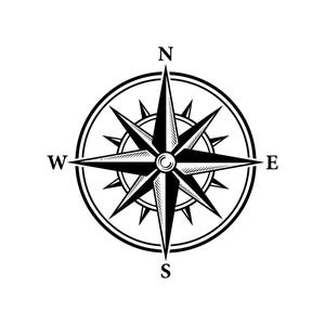 May include: A black and white graphic illustration of a compass rose featuring a central star design with alternating shaded points. The cardinal directions N, S, E, and W are clearly labeled in a bold, sans-serif font around the circular border.
