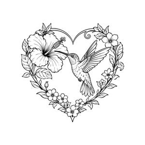May include: A black and white line art illustration featuring a hummingbird hovering near a large hibiscus flower, both framed within a heart-shaped wreath composed of smaller flowers, leaves, and vines on a plain white background.