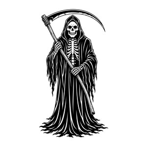 May include: A black and white graphic illustration of a grim reaper figure wearing a hooded cloak. The skeletal figure holds a long wooden staff topped with a large, curved metal scythe blade. The cloak features deep folds and frayed edges.