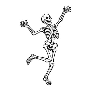 Puede incluir: Una ilustración gráfica en blanco y negro de un esqueleto humano en una pose dinámica. El esqueleto tiene ambos brazos levantados hacia arriba con las manos abiertas, una pierna doblada por la rodilla y la boca abierta como si riera o gritara.
