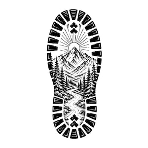 May include: A black and white graphic illustration of a shoe sole tread pattern. The center of the sole features a detailed landscape scene with a winding river, a dense forest of pine trees, and a mountain range under a rising sun with rays.