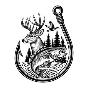 May include: A black and white graphic illustration featuring a large fishing hook framing a scene with a deer head, a jumping fish, a flying duck, and a forest of pine trees. The detailed line art depicts wildlife elements within the hook shape.