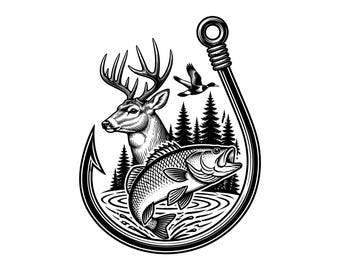 May include: A black and white graphic illustration featuring a large fishing hook framing a scene with a deer head, a jumping fish, a flying duck, and a forest of pine trees. The detailed line art depicts wildlife elements within the hook shape.