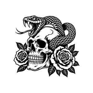 May include: A black and white graphic illustration featuring a human skull with a coiled snake wrapped around the top. The snake has its mouth open with visible fangs. Two detailed roses with leaves are positioned on either side of the skull.