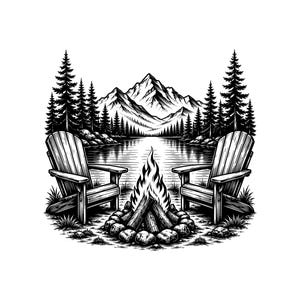 May include: A black and white line art illustration featuring two wooden Adirondack chairs positioned on either side of a crackling campfire. The scene is set before a calm lake, with a dense forest of pine trees and jagged mountain peaks in the background.