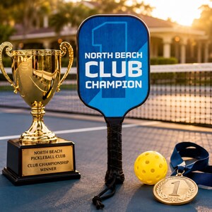 May include: A gold trophy with a black base engraved with North Beach Pickleball Club Club Championship Winner, a blue pickleball paddle with the text North Beach Club Champion, a yellow pickleball, and a gold medal with a blue ribbon.