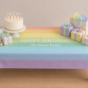 Happy Birthday Tablecloth Personalized Family Name, Baby Shower Present, Reusable Heirloom, 1st Birthday Gift, Unisex Rainbow Party Color