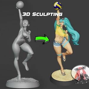 Puede incluir: Imagen que muestra un proceso de escultura 3D. A la izquierda, un modelo 3D gris de una persona sosteniendo una pelota. A la derecha, una figura colorida de estilo anime de una persona jugando voleibol. La figura tiene cabello turquesa y usa una camiseta amarilla y pantalones cortos de mezclilla.