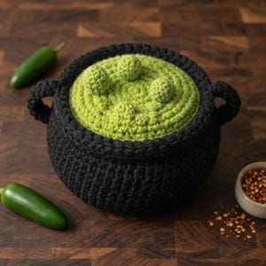 Op de afbeelding: Een zwarte gehaakte ketel met twee handvatten aan de zijkant en een gestructureerd limoengroen gehaakt deksel met drie kleine verhoogde bolletjes aan de bovenkant. De ketel is rond met een dikke rand en een diepe, komvormige structuur.
