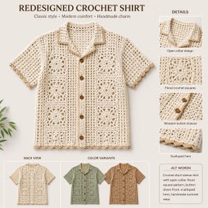 Pode incluir: Uma camisa de crochê de manga curta com um padrão de quadrados florais, gola aberta e fecho frontal com botões de madeira. A peça tem uma bainha recortada e é exibida nas cores creme, verde sálvia e bege com vistas traseiras e de detalhes.