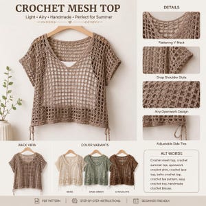 May include: A beige crochet mesh top featuring a V-neckline, short drop-shoulder sleeves, and adjustable side ties. The garment has an openwork grid pattern and is displayed alongside detail views, a back view, and color variants in beige, sage green, and chocolate.