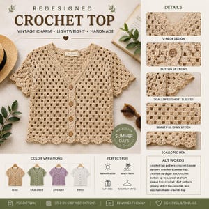 Puede incluir: Un top de ganchillo beige con cuello en V, mangas cortas festoneadas y dobladillo festoneado. La prenda tiene un patrón de punto abierto y una parte delantera abotonada con cinco botones marrones. El texto REDESIGNED CROCHET TOP es visible.