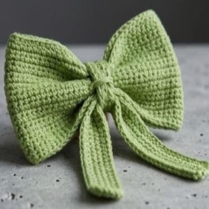 May include: A handmade, light green crochet bow. The bow features a classic bow shape with two loops and two long, dangling tails. The yarn has a textured appearance, and the bow is tied in the center.