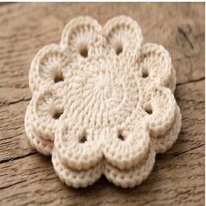 Puede incluir: Un posavasos de ganchillo de color crema con forma de flor. El posavasos tiene un borde festoneado y pequeños agujeros en todo el diseño. El posavasos está hecho de un hilo grueso y se encuentra sobre una superficie de madera.