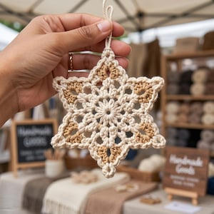 May include: A six-pointed star ornament crafted from cream and tan yarn using a crochet technique. The design features an intricate, openwork pattern with a central circular motif and a small loop at the top for hanging, showcasing a two-tone color scheme.