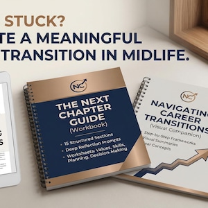 May include: An image featuring a tablet and two spiral-bound workbooks with the text "THE NEXT CHAPTER GUIDE" and "NAVIGATING CAREER TRANSITIONS." The tablet displays text with the prompt "PRINT OR TYPE USING TEXT TOOLS." A pen and a leather-bound notebook are also visible.