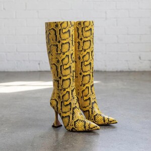 Snake Print Knee High Boots, Snakeskin Embossed Pointed Toe Boots, Wine Glass Heel Boots, Statement Boots, Yellow Blue or Beige