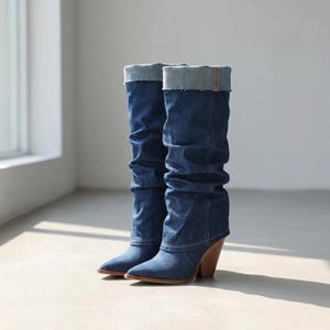 May include: A pair of knee-high boots crafted from dark blue denim fabric. The boots feature a slouchy, gathered shaft design with a wide, folded-over cuff at the top. They have a pointed toe and a sturdy, stacked wooden block heel.