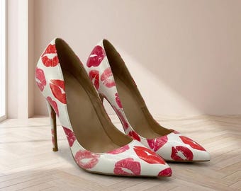 Lipstick Kiss Print Stiletto Pumps, White Pointed Toe High Heels with Red Lips, Valentines Party Heels, 8cm 10cm 12cm