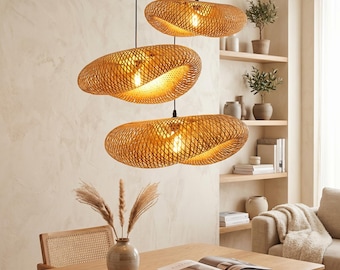 Hand Woven Bamboo Pendant Light, Boho Rattan Chandelier, Natural Wood Ceiling Lamp, Rustic Hanging Light Fixture for Bedroom & Living Room