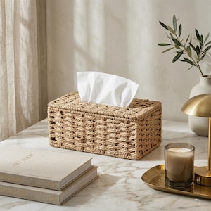 Peut inclure: Un distributeur de mouchoirs rectangulaire en matériau beige tressé, avec des mouchoirs blancs qui dépassent. Il est posé sur une surface en marbre, à côté de livres, d'une bougie et d'un plateau décoratif.