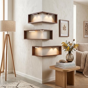 Puede incluir: Tres estanterías de esquina de madera oscura con luces integradas montadas en una pared blanca texturizada. Una lámpara de pie de madera con pantalla beige a la izquierda. Una pequeña mesa de madera con libros y un jarrón de flores.