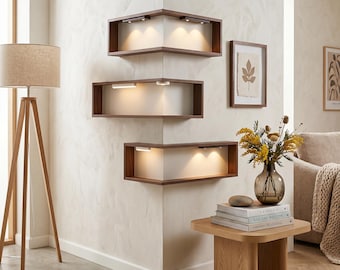 Estantería esquinera flotante de madera | Exhibidor de pared que ahorra espacio | Librería minimalista de 90 grados | Almacenamiento para decoración rústica del hogar