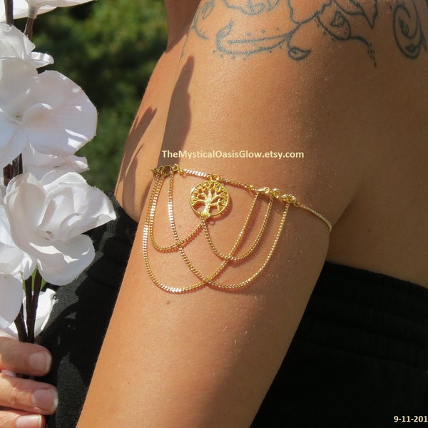 Gold Upper Arm Cuff Bracelet, Upper Arm Bracelet GOLD, Arm Chain / Arm Jewelry Gypsy Bohemian Hippie Jewelry Tree of Life Gold plated brass