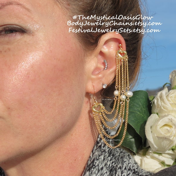 14k Gold Ear Chain double piercing earrings Heart Gold studs or ear wires, Custom drop length, featuring freshwater Pearls GF & GP or Silver