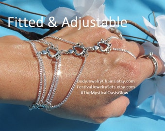 Silver heart slave bracelet, bracelet ring hand jewelry for women, Victorian wedding bracelet / Bohemian hippie jewelry hand chain bracelet